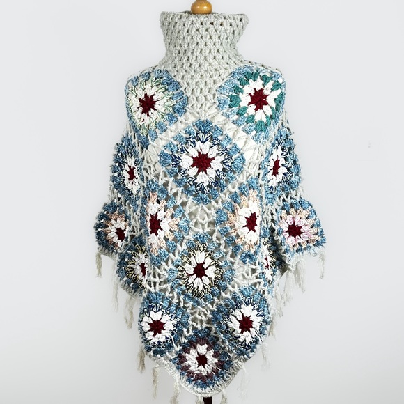 Sweaters - Boho Crochet Patchwork Fringe Poncho New Without Tags